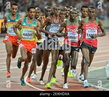 Paul Kipngetich Tanui (Kenia, Bronzemedaille), Geoffrey Kamworor (Kenia), Mohammed Ahmed (Kanada).10000 Meter Männer - IAAF World Championships London 2017 Stockfoto