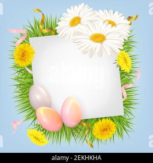 Osterkarte mit Eiern und Blumen. Postkartenvorlage mit Ostereiern, Gänseblümchen und Löwenzahn. Vektorgrafik Stock Vektor