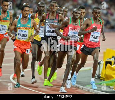 Paul Kipngetich Tanui (Kenia, Bronzemedaille), Geoffrey Kamworor (Kenia), Mohammed Ahmed (Kanada).10000 Meter Männer - IAAF World Championships London 2017 Stockfoto