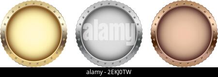 Medaille Award Vektor in Gold, Silber, Bronze auf weißem isolierten Rücken gesetzt. Vektor-Illustration von Goldmedaille, Siebermedaille und Bronzemedaille. Stock Vektor