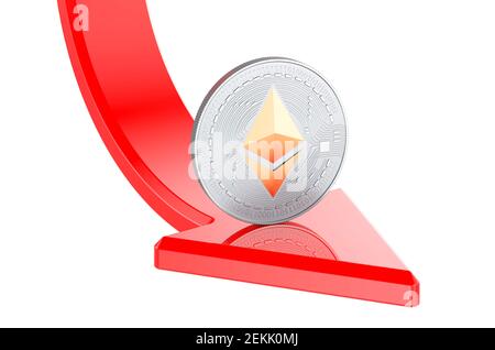 Ethereum Falling Price Konzept. Ethereum mit rotem Pfeil nach unten, 3D Rendering isoliert auf weißem Hintergrund Stockfoto