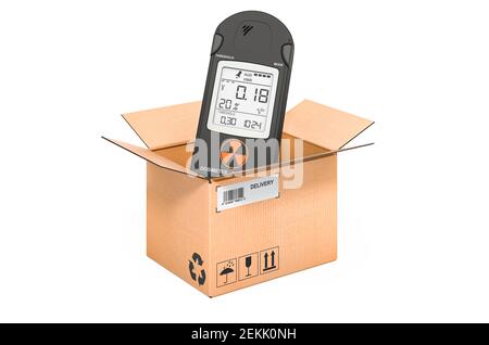 Strahlungsdosimeter im Karton, Lieferkonzept. 3D Rendering isoliert auf weißem Hintergrund Stockfoto