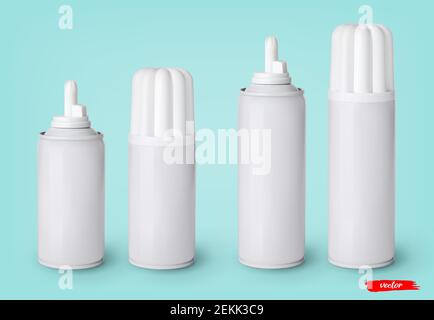 Schlagsahne Flaschen Dosen auf blauem Hintergrund. 3D realistische Vektor-Illustration von süßen Milchprodukten. Mockup von Schlagsahne Paket. Stock Vektor