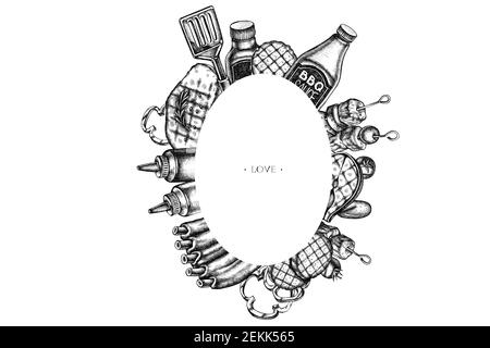Rahmen mit schwarzen und weißen Spatel, Schweinefleisch Rippchen, Kebab, Würstchen, Steak, Sauce Flaschen, gegrillte Burger Patties, gegrillte Tomaten, gegrilltes Lachssteak Stock Vektor