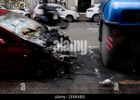 Feuer beschädigt Auto, Barcelona, Spanien. Stockfoto