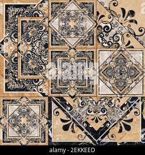 Digitales Kacheldesign. 3D Rendering bunte Keramik Wand-und Bodenfliesen. Abstraktes Patchwork-Muster aus Damast mit geometrischen und floralen Ornamenten. Stockfoto