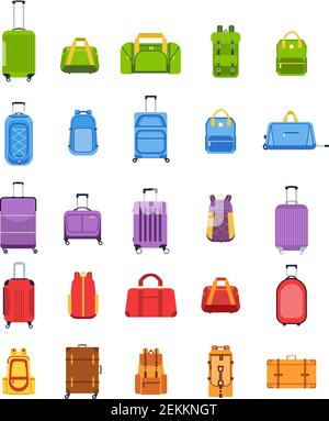 Flache Koffer. Gepäck und Handtaschen, Rucksäcke, Ledertasche, Reisekoffer und Tasche für Reise, Tourismus und Urlaub isoliert Vektor-Set Stock Vektor