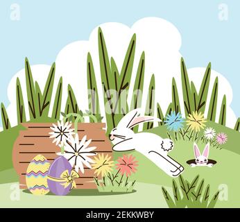 Frohe ostern Kaninchen Blumen und Eier im Gras Vektor Illustration Cartoon Stock Vektor