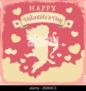 Happy Valentines Day Vektor-Grußkarte von Amor mit Liebe Pfeil, Engelsflügel und Bogen. Amur Silhouette fliegen zwischen Herzen und Wolken, verziert von Stock Vektor