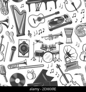 Musik und Musikinstrumente nahtlose Muster. Vector Harfe und Gitarre, DJ-Panel und Vinyl-Disc, Cello und Klavier, Trompete und Saxophon. Maracas und d Stock Vektor