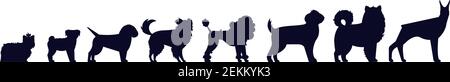 Hunde züchten Silhouetten. Pedigree Welpen wie Doberman und Malamute, Labrador und Pudel, Hirte Stock Vektor