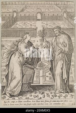 Adriaen Collaert (1561-1618); Philips Galle (1537-1612); , Christus und seine Braut, Ecclesia, in einem Garten, 1587-1589 Stockfoto