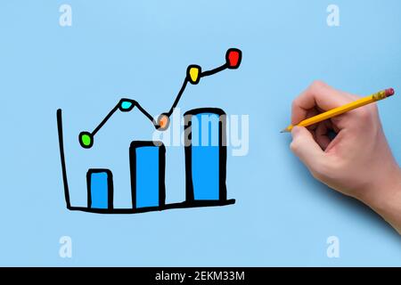 Person zeichnet ein Farbdiagramm mit Wachstumsdynamik. Stockfoto