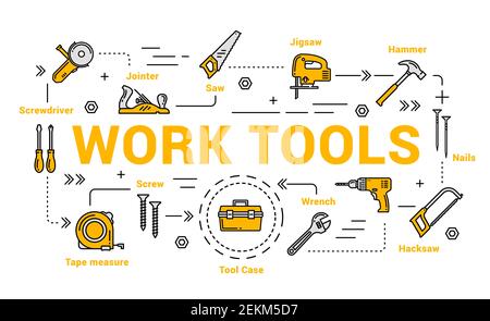 Isolierte Symbole für Arbeitswerkzeuge. Vector Jointer und Säge, Stichsäge und Hammer, Nägel, Bügelsäge, Schraubenschlüssel und Werkzeugkoffer, Maßband und Schraubendreher. Zimmerei und Stock Vektor