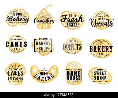 Bäckerei und Süßwaren Lebensmittel, Beschriftung Symbole. Vector Brezel und Cupcake, Donut und Kuchen, Backen und Backstube Abzeichen. Süßwaren, Croissant und Frühstück Stock Vektor