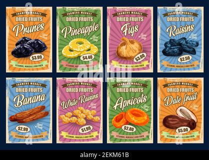 Exotische Früchte, Retro-Preiskarten. Vector Pflaumen und Ananasscheiben, Feigen und Rosinen, getrocknete Bananen und weiße Rosinen. Aprikosen und Dattel Früchte vita Stock Vektor