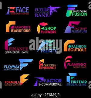 Corporate Identity F Buchstaben Ikonen der Kosmetologie und Hautpflege Salon, Geschäftsbank und Sportsport oder Gym Club. Vector F medizinische Klinik, Wissenschaft Stock Vektor