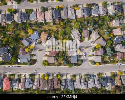 Luftaufnahme von oben nach unten von Häusern in einer schönen Wohngegend während der Herbstsaison in Calgary, Alberta, Kanada. Stockfoto