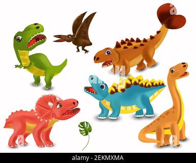 Dinosaurier Tyrannosaurus, Brachiosaurus, Pterodactyl, Triceratops, Stegosaurus Zeichentrickfigur. Große Kollektion Dinosaurier. Wütend und lustig Dinosaurier auf weißem Hintergrund. 3D Vektorgrafik. Stock Vektor