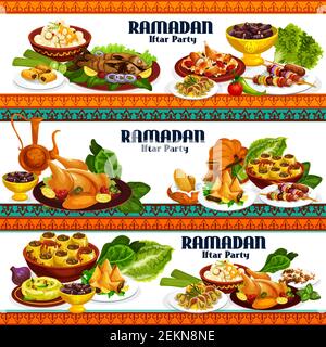 Iftar Party Essen von Ramadan Kareem Urlaub. Kaffee, Datteln und Huhn Biryani, Kebab, Baklava und Samosa, Hummus, Kichererbsen Bälle und gegrillten Fisch, stu Stock Vektor