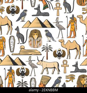 Ägypten Religion Vektor nahtlose Muster der alten ägyptischen Symbole. Nofretete und Ra, Anubis und Pyramiden, Mama und Sphinx, pharao. Tiere scarab a Stock Vektor