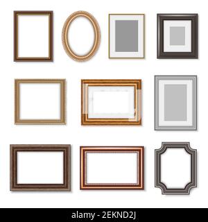 Bilderrahmen und kunstvolle Bilderrahmen isoliert realistische Satz. Vector blank rechteckigen Vintage Holz Fotorahmen mit verzierten Kanten und Luxus oval Stock Vektor