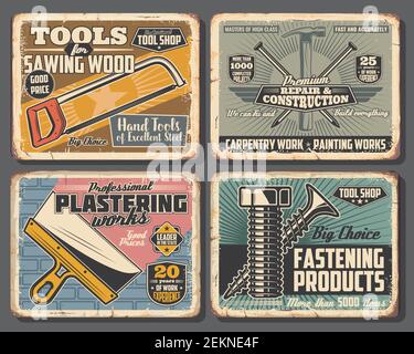 Vector Befestigungsschrauben und Schrauben, Verputzen und Holzarbeiten Handwerker Werkzeuge, Hämmer mit Nägeln und Holzsäge. Bauwerkzeuge Shop vintage Plakate, h Stock Vektor