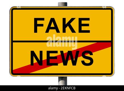 Fake News, symbolisches Bild, Komponieren, gelbes deutsches Stadtgrenzschild, Deutschland Stockfoto