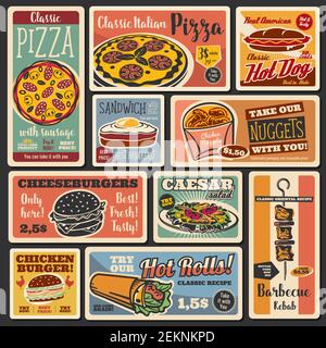 Fastfood Snacks zum Mitnehmen, Hot Dogs und Burger Retro-Poster. Vector Fastfood Hamburger und Cheeseburger Sandwich, Pizza und Chicken Nuggets, caesar Stock Vektor