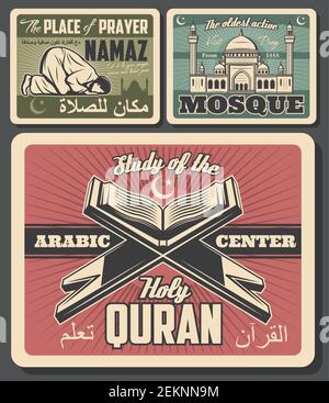 Islam Religion Retro-Karten. Heilige muslimische Symbole mit Gebet auf Knien und Namas, Moschee und Quaran Buch, Halbmond und Stern. Arabisches Zentrum auf vintage po Stock Vektor