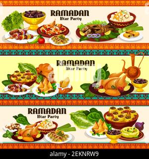 Ramadan Essen und Iftar Party Gerichte mit traditionellen arabischen Kaffee, Hühnerreis Biryani und Datteln, Samosa, Kebab und Baklava. Gegrillter Fisch, Kichererbsen hu Stock Vektor