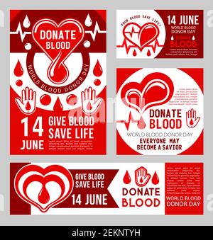 Banner zum Blutspendetag der Weltfeier am 14. juni. Transfusion Labor Spende Veranstaltungen Promo Poster Vorlage mit rotem Herz, Blutstropfen, Herz Stock Vektor