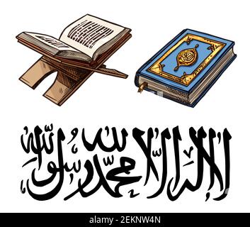 Islam Religion Heilige Koran Skizze für Ramadan Kareem Feier. Moslemisches Buch mit Lesezeichen auf Stan für Eid Mubarak und arabische Kalligraphie Schrift. Religi Stock Vektor