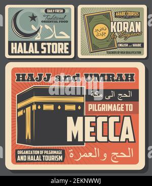 Islam Religion heilig Koran Buch, Kaaba Gebäude der Mekka Moschee, Halbmond und Sterne Vektor Plakate der muslimischen religiösen Architektur oder Kultur. A Stock Vektor