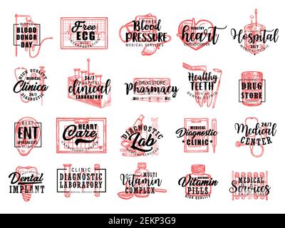 Medizin Beschriftung Symbole von Krankenhaus Klinik, diagnostisches Labor und Apotheke Drogerie. Vector medizinischen Service Symbole des Herzpulses, Zahnmedizin zu Stock Vektor