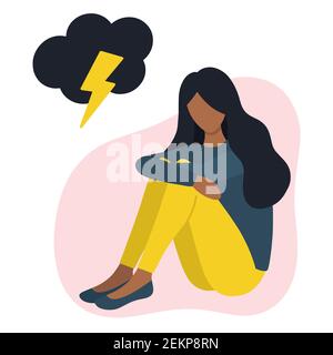 Schwarze Frau in schlechter Stimmung Konzept: Angst, Traurigkeit, Einsamkeit, Depression, Stress. Sitzende schwarze Frau mit Wolke und Blitz flach Vektor illustrati Stock Vektor