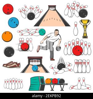 Bowling-Spiel Ausrüstung Pins und Ball-Symbole. Vector Bowling-Turnier, Profi-Spieler, Schuhe, Spiel Alleenbahn und Kegeln in Streik, Entertainme Stock Vektor