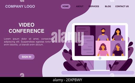 Zielseite für Videokonferenzen. Gruppe von Menschen sprechen durch Computer Video Chat App flache Stil Vektor Illustration. Konzeptdarstellung für Teamarbeit, Stock Vektor