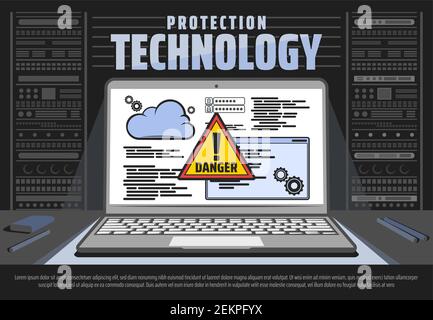 Computerschutztechnologie, Cybersicherheit und Datenschutz. Vector offenen Laptop mit Warnschild, Cloud-Speicher und persönliche Informationen zugreifen Stock Vektor