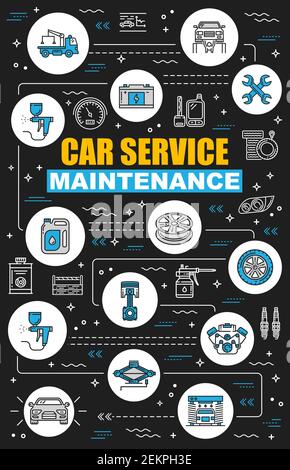 Auto-Service-Wartung, mechanische Diagnose und Fahrzeug-Check-up. Vector Auto-Service-Station, Motorölwechsel, Garage Reparatur Lift oder Reifen PU Stock Vektor