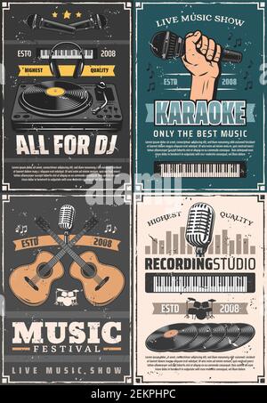Musikinstrumente, Mikrofon und Sound-Ausrüstung Vektor-Design von Musik-Themen. Gitarren, Schlagzeug und Kopfhörer, Schallplatten, DJ-Player und equaliz Stock Vektor