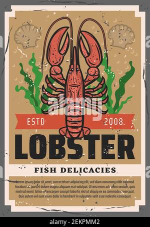 Hummer Tier, Meeresfrüchte und Fisch Restaurant Delikatesse. Vector Meer und Meer Fischerei Industrie, Hummerkrabben und Muscheln in Algen, Koch Gourmet zart Stock Vektor