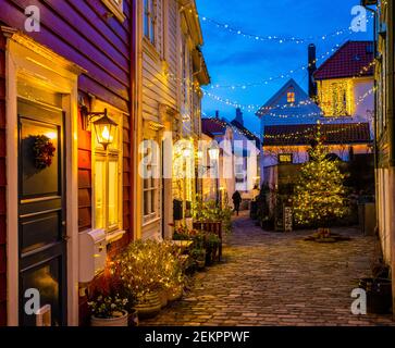 Weihnachtsnacht in Bergen, Norwegen. Stockfoto