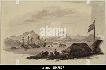 Unbekannt (-); George Chinnery (1774-1852), englische Kriegsschiffe und Tanka 'Egg-Boats' in Whampoa, Kanton, eine Tiefsee, die von der Kinese Küste, 1800 geschnitten wurde Stockfoto