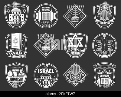 Israel Reisen und traditionelle jüdische heraldische Symbole. Vektor Judentum Religion Happy Hanukkah Menorah, David Star und Rabbi Torah, Dreidel und synagog Stock Vektor