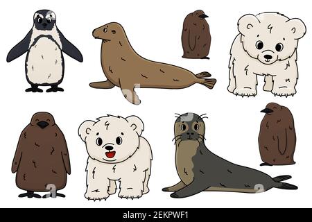 Vector Pinguin, König Pinguin Küken, Pelzrobbe, Eisbär Junge, kleine gemeinsame Robbe. Set von isolierten kleinen Karikatur skizzieren niedlichen Meer-und Meerestiere für Stock Vektor