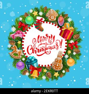Weihnachtsfeiertag Gruß, Weihnachtsbaum Kranz. Vector Lebkuchen und Socke, Jingle Glocke und Geschenkboxen, Bogen und Zapfen, Bälle und Geschenke, Stern Stock Vektor