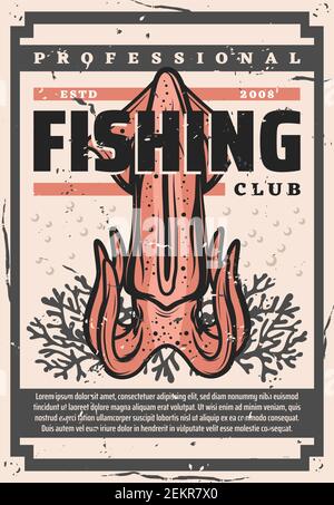 Tintenfisch Angeln, Fischer großen Fang Trophäe vintage Poster. Fischerklub, wilder Ozean Tintenfisch in Korallen, Fischer marine Gesellschaft und Fischerei Vektor Stock Vektor