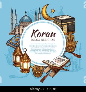 Islam Religion Symbole mit muslimischer Moschee und Koran islamische heilige Buch Skizzen. Ramadan Urlaub Laterne, Kaaba Masjid von Mekka und Rosenkranz Perlen, Schinken Stock Vektor