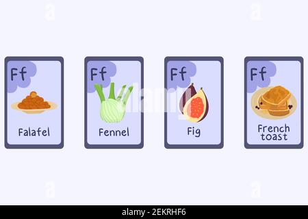 Bunte Phonics Flashcard Buchstabe F - Feige, Falafel, Fenchel, french Toast. Lebensmittel Themen ABC-Karten für den Unterricht Lesen mit Lebensmitteln, Gemüse, Obst und Nüssen. Serie von ABC. Stock Vektor